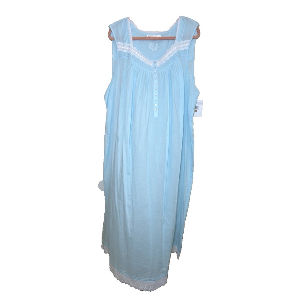 Eileen West Nightgown 3X Ballet Lawn Long Aqua Blue White Sleeveless Cotton